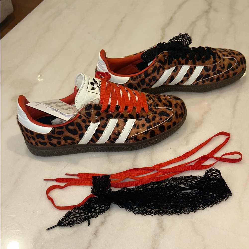 Adidas Leopard Print Sneakers with Orange Laces / Black Laces